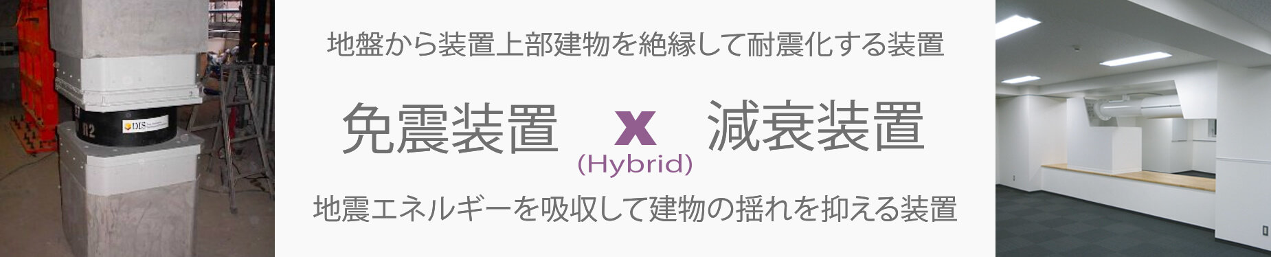 地盤から装置上部建物を絶縁して耐震化する装置　免震装置×減衰装置　地震エネルギーを吸収して建物の揺れを抑える装置