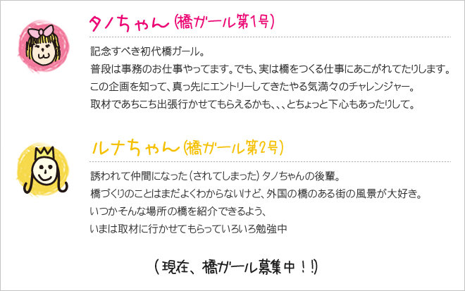 タノちゃん（橋ガール第1号）：記念すべき初代橋ガール。普段は事務のお仕事やってます。実は橋をつくる仕事にあこがれてたりします。この企画を知って、真っ先にエントリーしてきたやる気まんまんのチャレンジャー。取材であちこち出張行かせてもらえるかも、、、とちょっと下心もあったりして。　ルナちゃん（橋ガール第2号）：誘われて仲間になった（されてしまった）タノちゃんの後輩。橋づくりのことはまだよくわからないけど、外国の橋のある風景が大好き。いつかそんんあ場所の橋を紹介できるよう、いまは取材に行かせてもらっていろいろ勉強中（現在、橋ガール募集中！！）