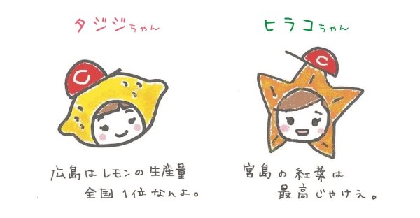 左：タジジちゃん　広島はレモンの生産量全国1位なんよ。右：ヒラコちゃん　宮島の紅葉は細工じゃけぇ。