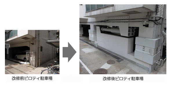 改修前ピロティ駐車場(写真左) 改修後ピロティ駐車場(写真右)