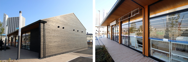 木造建物に相応しいデザインの切妻屋根、杉の羽目板を使用した外壁や庇の軒天井